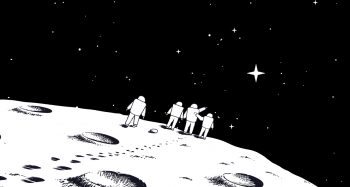 Illustration of four astronauts on the moon pointing to the stars