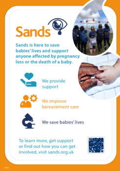 preview of sands flyer, orange boarder with blue text