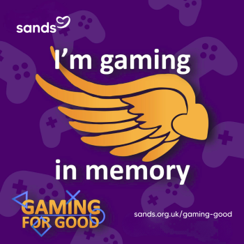 social icon, purple background with orange wings and white text: i am gaming in memory