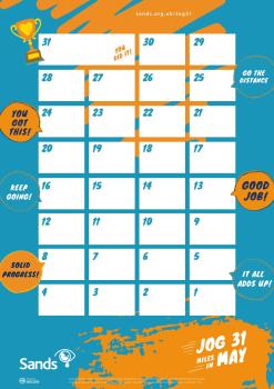 Jog 31 miles tracker calendar on a blue background and including 31 days