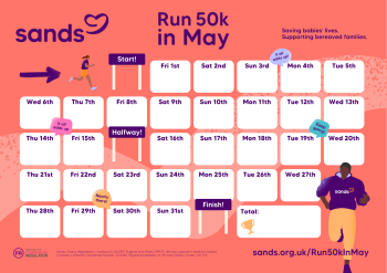 Run 50k in May 2026 calendar showing day of May