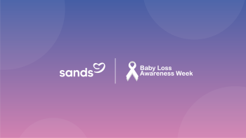 blue fading to pink background with white text: sands, baby loss awareness week