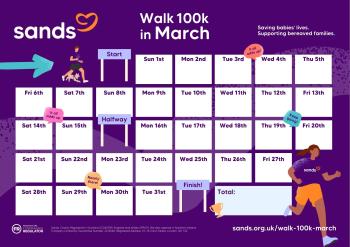 Walk 100k in March Tracker calendar on a purple background