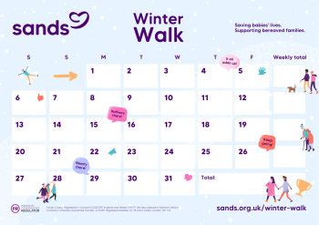 Winter Walk challenge tracker calendar on a blue background