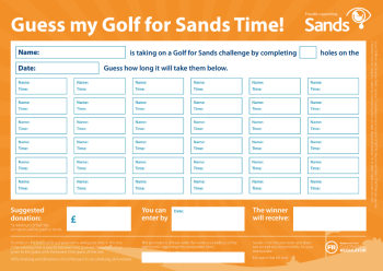 white table with lots of space for people to write their guesses. Orange golf for sands branded background