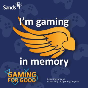 social icon, blue background with orange wings and white text: i am gaming in memeory