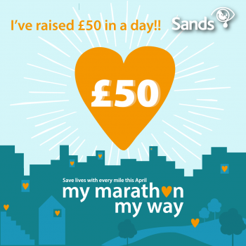 I've raised £50 in a day badge, with orange heart with the number £50 in the centre