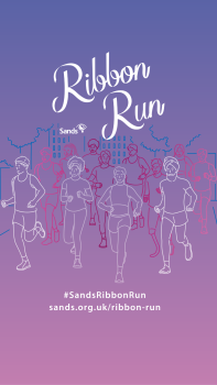 Ribbon Run written in white, with people illustrated to be running, on a pink and blue background