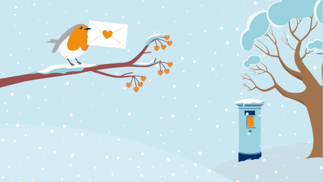 robin sitting on a tree branch with a letter in its beak, a mailbox in the background, snow falling