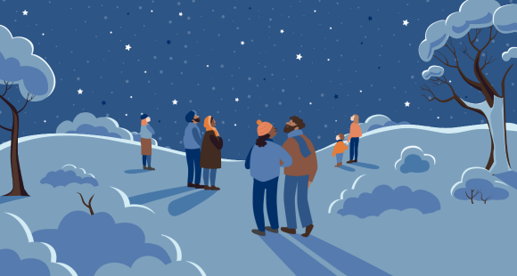 Illustration of a winter scene with a group of people standing under a starry night sky. The landscape features snow-covered hills, trees, and bushes, with individuals looking up at the stars in small groups, conveying a sense of togetherness and reflection.