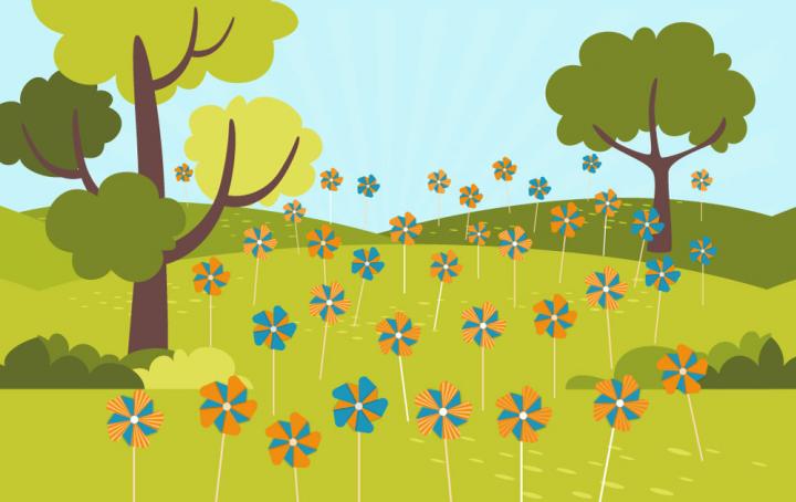 cartoon of garden with multiple pinwheels in
