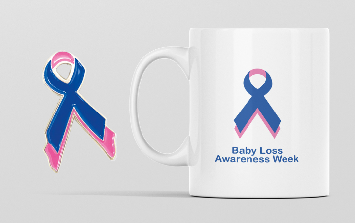 Image of a BLAW branded cup and pink and blue ribbon pin