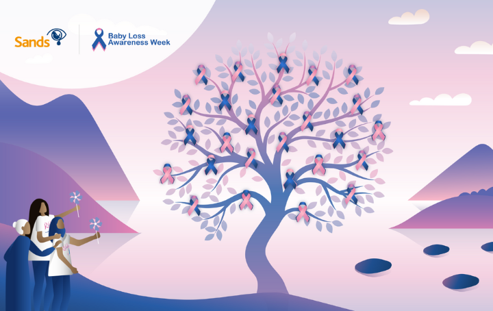 Graphic of a tree decorated with pink and blue ribbons with the Sands and BLAW logo