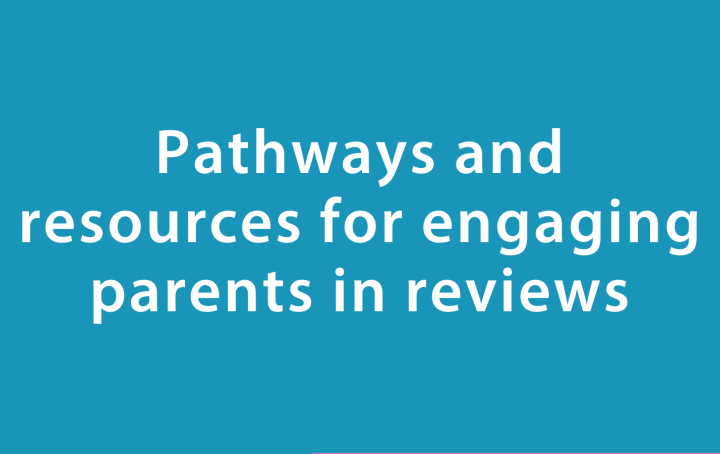white text reading 'Pathways and resources for engaging parents in review ' on a turquoise blue background