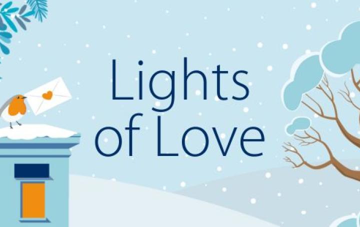 Lights of Love text with robin on a postbox