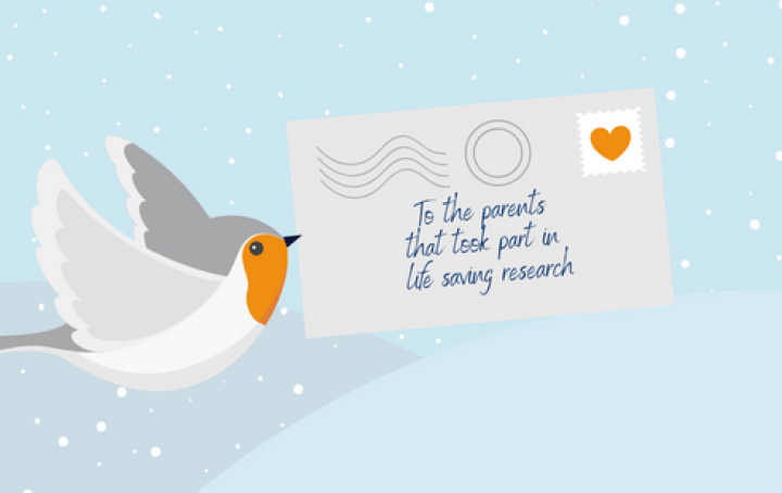 a graphic of a robin carrying a letter addressed 'to the parents that took part in life saving research' 