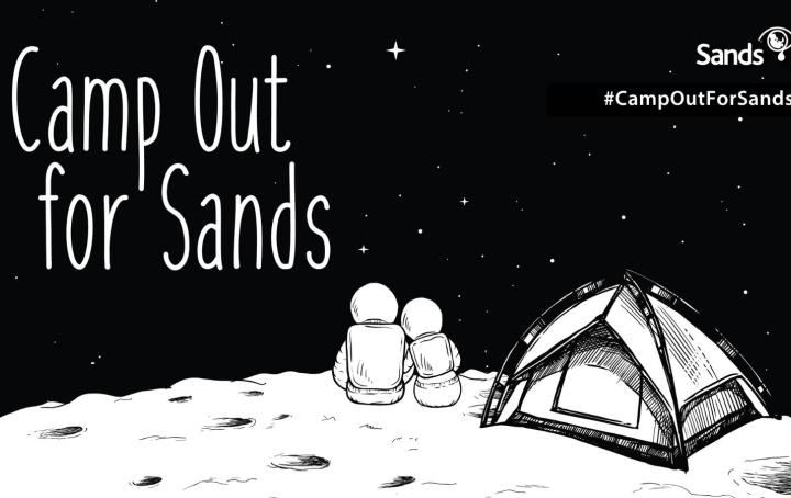 camp out for sands wording on a stary sky with 2 people camping on the moon
