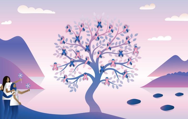 Graphic of a tree decorated with pink and blue ribbons