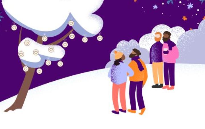 illustration of people looking at snow covered tree with hanging hearts on the tree