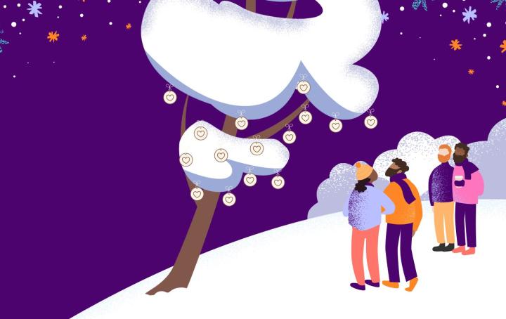 illustration of a snow covered tree. People are gathered underneath looking up at hanging heart decorations