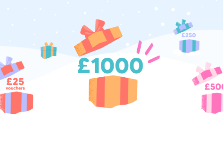 snow illustration with gift boxes. Lids are raised revealing prizes £1000, £500, £250 and £25 vouchers