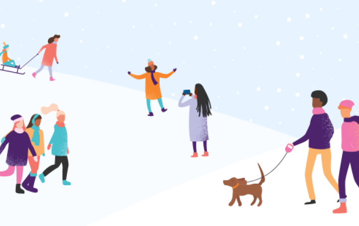 illustration of a snow scene. There are people walking and playing in the snow.