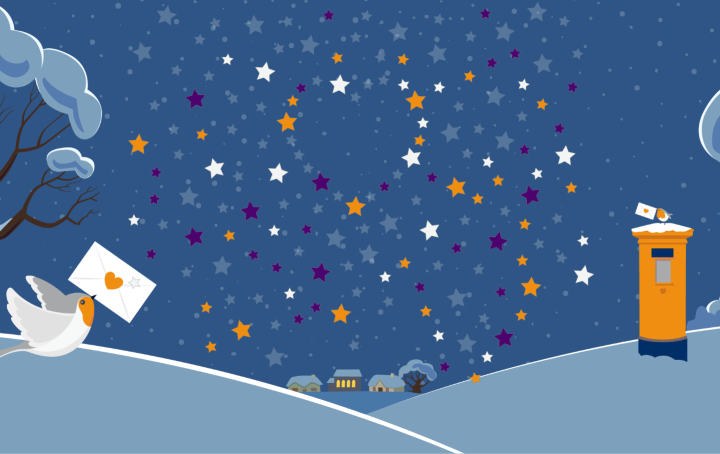 Graphics of stars in a love heart shape in the night sky