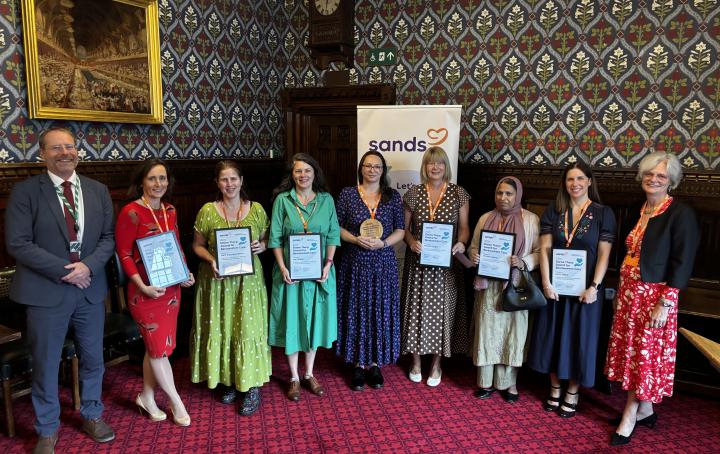 Shortlisted nominees for the 2026 Elaine Thorp Award alongside Andy MacNae MP and Clea Harmer, Chief Executive, Sands