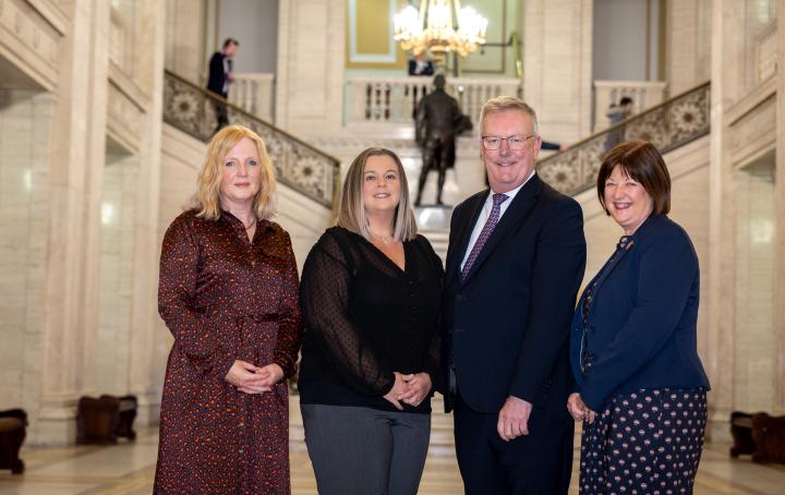 From left to right: Heather Reid (Interim Director of Nursing, Midwifery and Allied Health Professionals at the Public Health Agency (PHA) Northern Ireland), Melissa Crockett (NBCP NI Manager), Mike Nesbitt (Minister of Health), Caroline Keown (Chief Midwifery Officer)