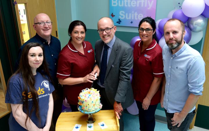 Pictured left to right are Chair of Sands Northern Ireland Frances McClay, Sands NI network coordinator Steven Guy, Southern Trust Bereavement  midwife Shivaun McKinley, Sands' Head of Bereavement Care Marc Harder, midwife Oonagh King and Sands volunteer Andrew McCreery