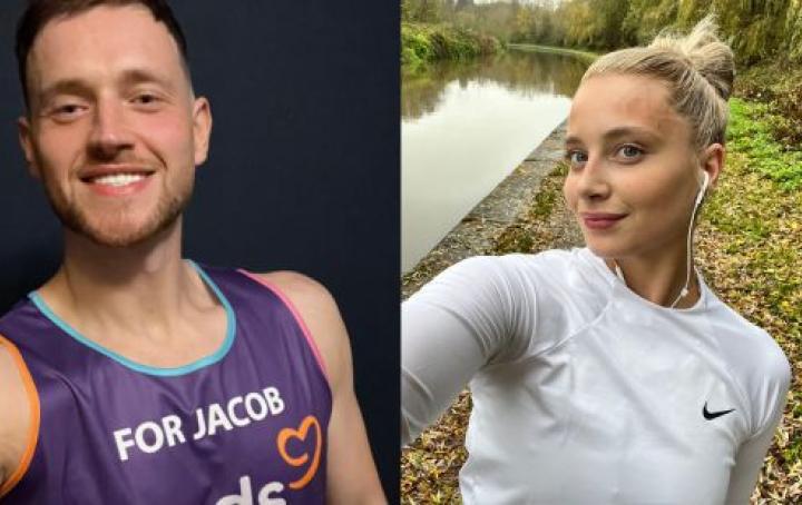 Photo of Jordan in his Sands running top with Jacob's name on it. Niamh is pictured in a white running top outside