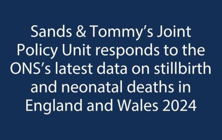 White text on dark blue background reads 'Sands and Tommy's Joint Policy Unit responds to the ONS's latest data on stillbirths and neonatal deaths in England and Wales 2024