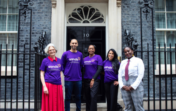 Sands End Inequalities in Baby Loss campaign (l-r Sands CEO Clea Harmer, bereaved parents Raj Chagger, Rachel Burrell, Bhavna Bhargava and Alicia Burnett, founder of Black Baby Loss Awareness Week)