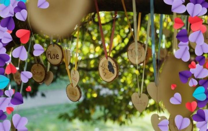 Baby names written on wooden tags are displayed on a tree