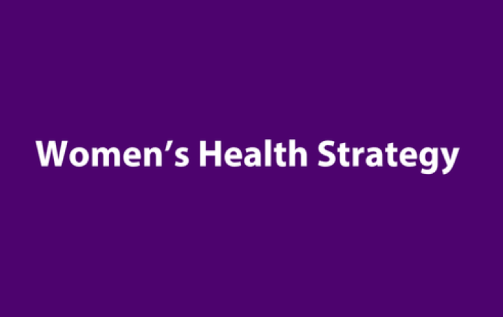 On a dark purple background, white text reads: Women's Health Strategy