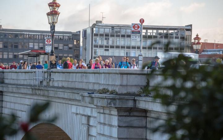 A bridge with people walking.